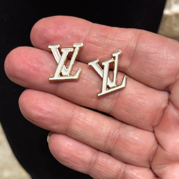 Gold-& White Enamel LV Logo Stud Earrings - Picture 2 of 4
